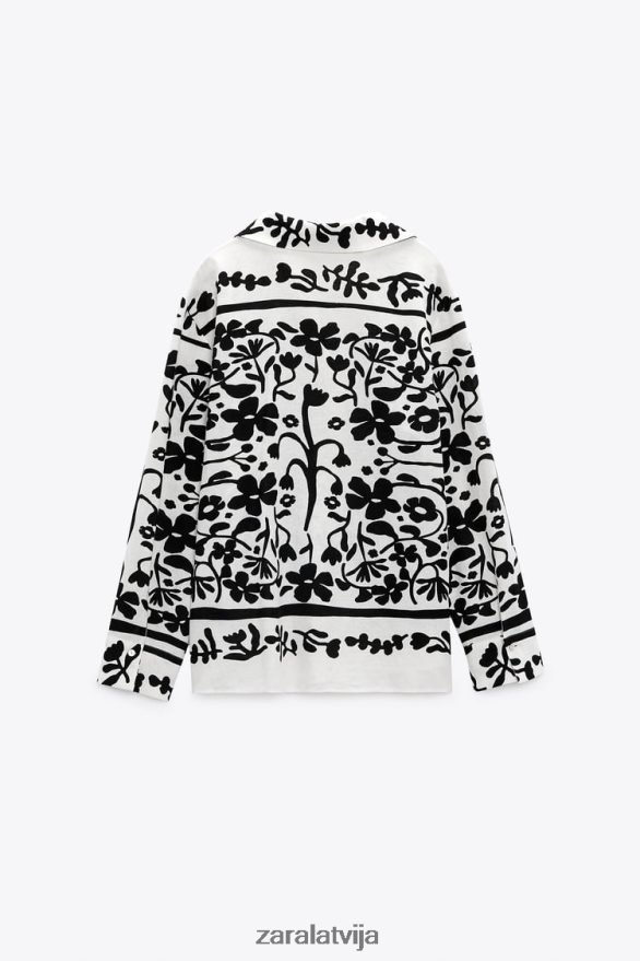 apdrukāts lina maisījuma krekls sievietes Zara ekrū/melns 6ZTV40378 apģērbs