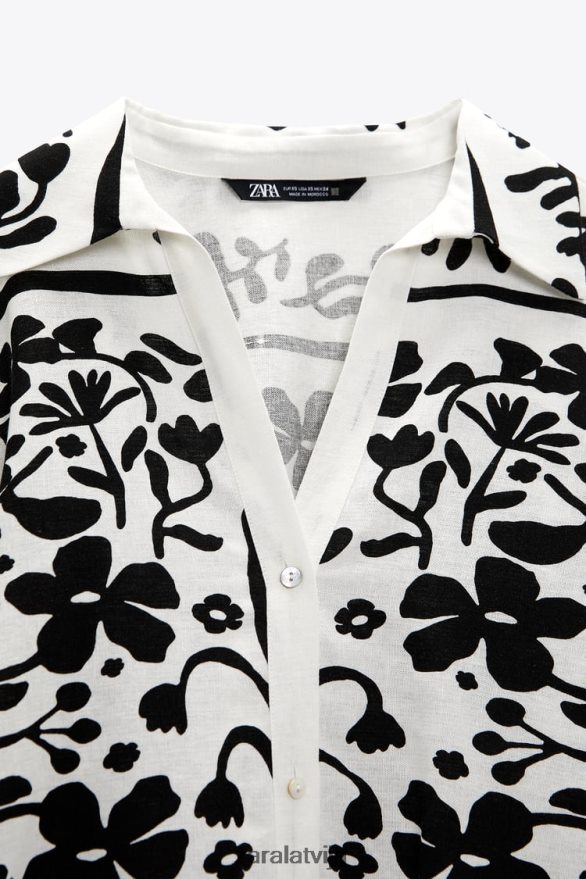 apdrukāts lina maisījuma krekls sievietes Zara ekrū/melns 6ZTV40378 apģērbs