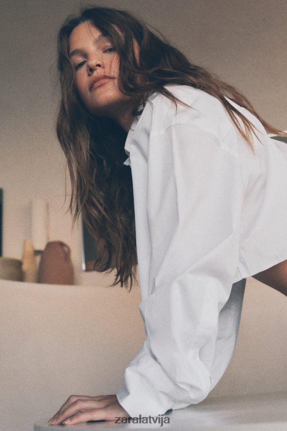 apgriezts gabardīna krekls sievietes Zara balts 6ZTV40315 apģērbs