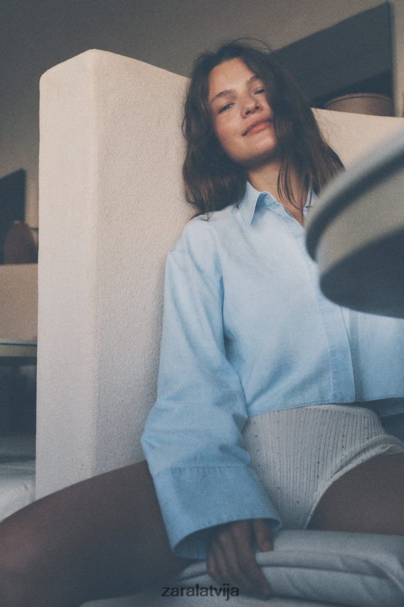 apgriezts krekls ar krustu muguru sievietes Zara gaiši zils 6ZTV40456 apģērbs