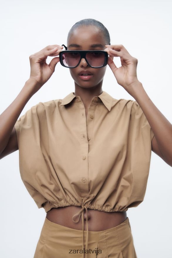 apgriezts poplīna krekls sievietes Zara taupīgi brūns 6ZTV40392 apģērbs