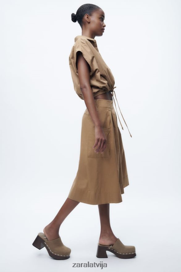 apgriezts poplīna krekls sievietes Zara taupīgi brūns 6ZTV40392 apģērbs