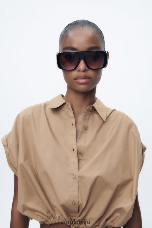 apgriezts poplīna krekls sievietes Zara taupīgi brūns 6ZTV40392 apģērbs