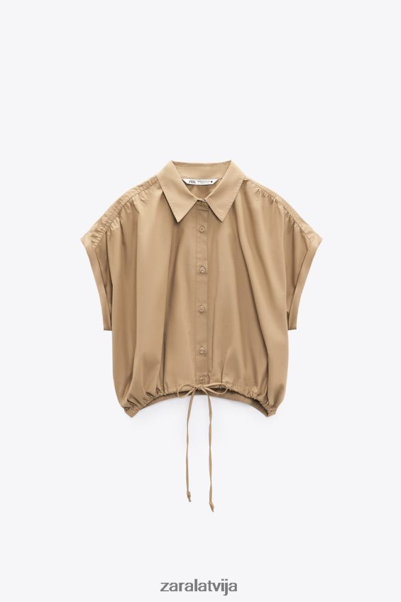 apgriezts poplīna krekls sievietes Zara taupīgi brūns 6ZTV40392 apģērbs