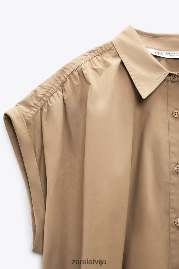 apgriezts poplīna krekls sievietes Zara taupīgi brūns 6ZTV40392 apģērbs