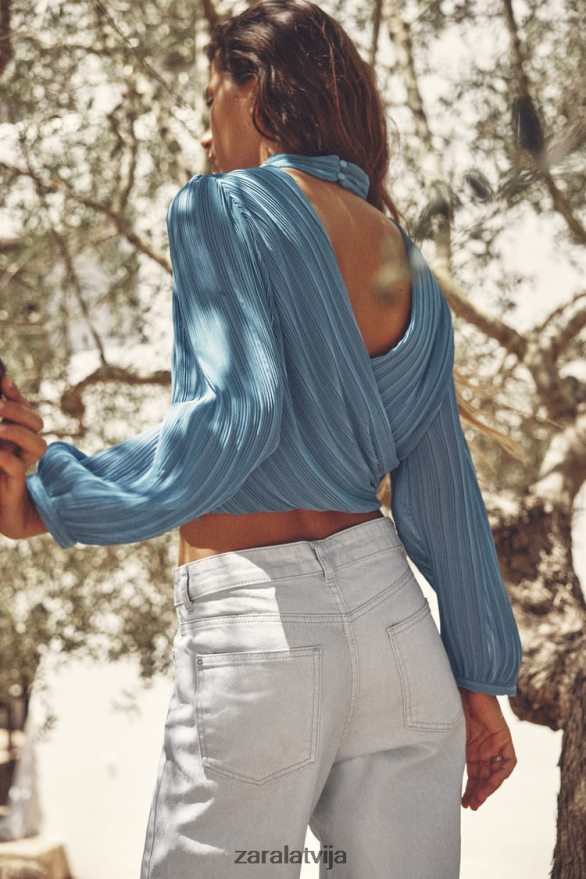 atvērta mugura kroku augšdaļa sievietes Zara vidus zils 6ZTV40420 apģērbs