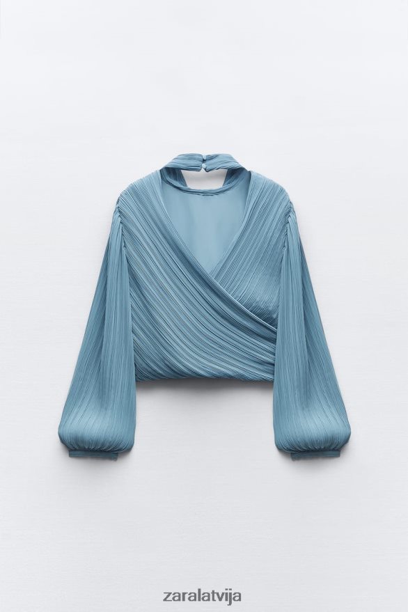 atvērta mugura kroku augšdaļa sievietes Zara vidus zils 6ZTV40420 apģērbs