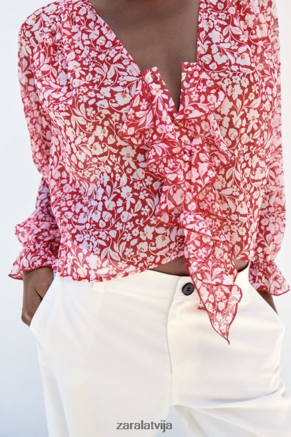 blūze ar volānu apdruku sievietes Zara balts/sarkans 6ZTV40399 apģērbs