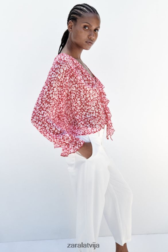 blūze ar volānu apdruku sievietes Zara balts/sarkans 6ZTV40399 apģērbs