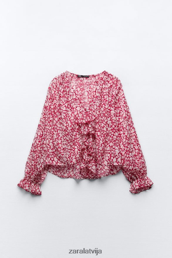 blūze ar volānu apdruku sievietes Zara balts/sarkans 6ZTV40399 apģērbs