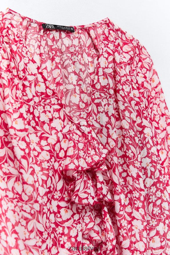 blūze ar volānu apdruku sievietes Zara balts/sarkans 6ZTV40399 apģērbs