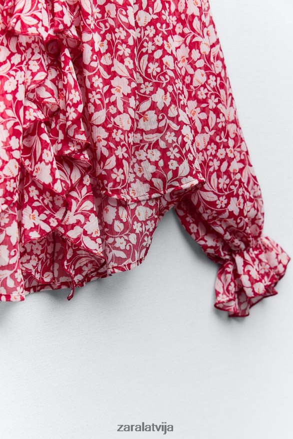 blūze ar volānu apdruku sievietes Zara balts/sarkans 6ZTV40399 apģērbs