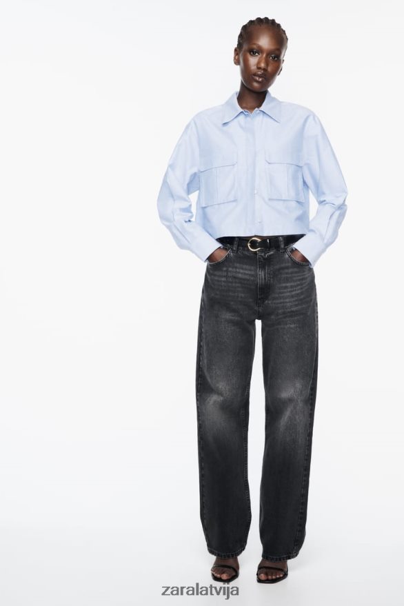 crop oxford krekls sievietes Zara zils/balts 6ZTV40352 apģērbs