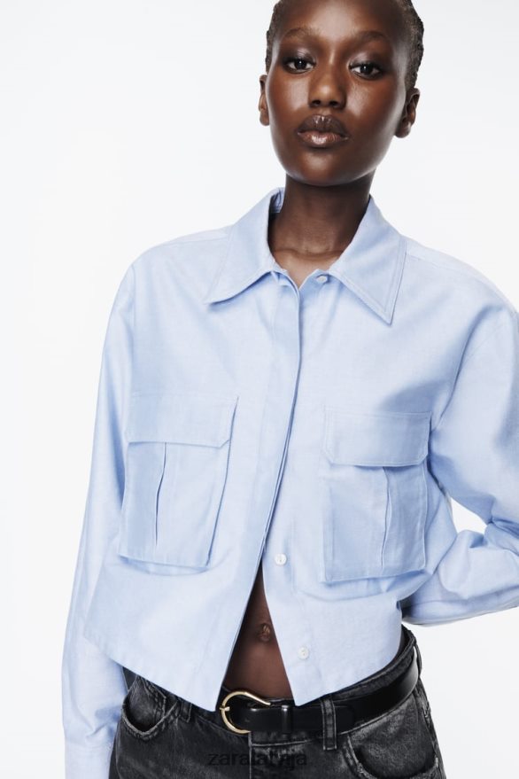 crop oxford krekls sievietes Zara zils/balts 6ZTV40352 apģērbs
