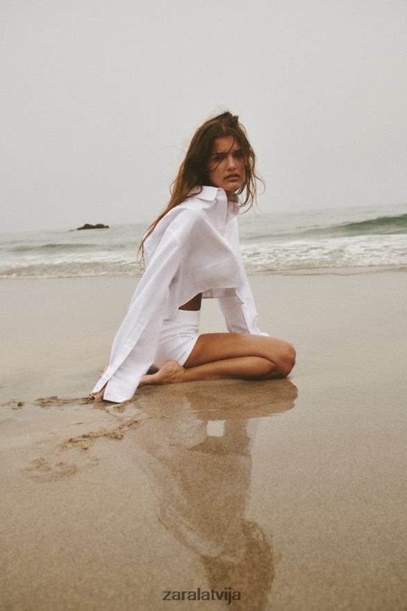 crop poplīna krekls sievietes Zara balts 6ZTV40414 apģērbs