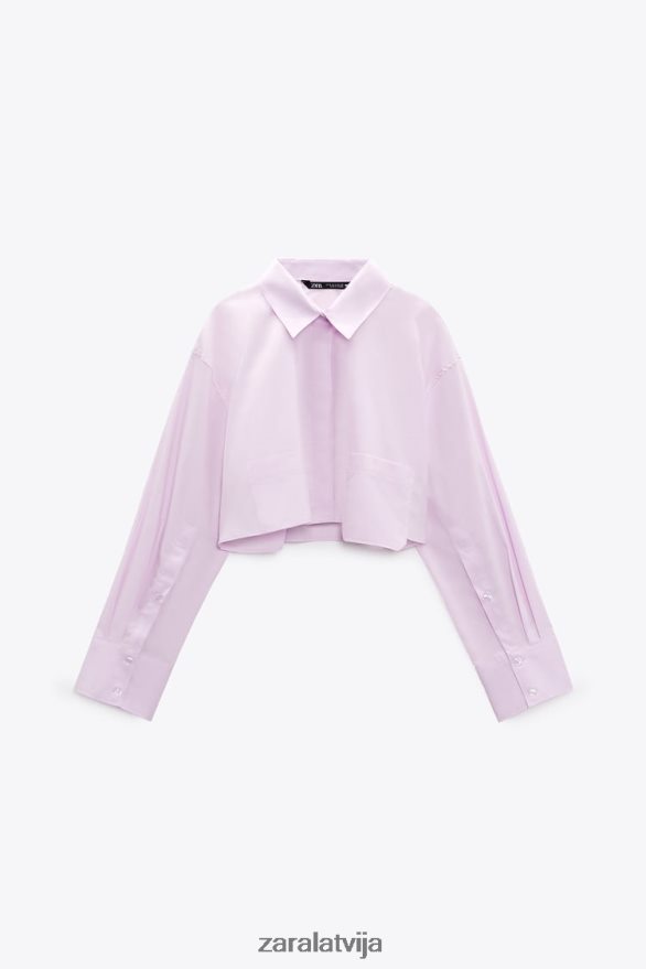crop poplīna krekls sievietes Zara gaiši violets 6ZTV40442 apģērbs