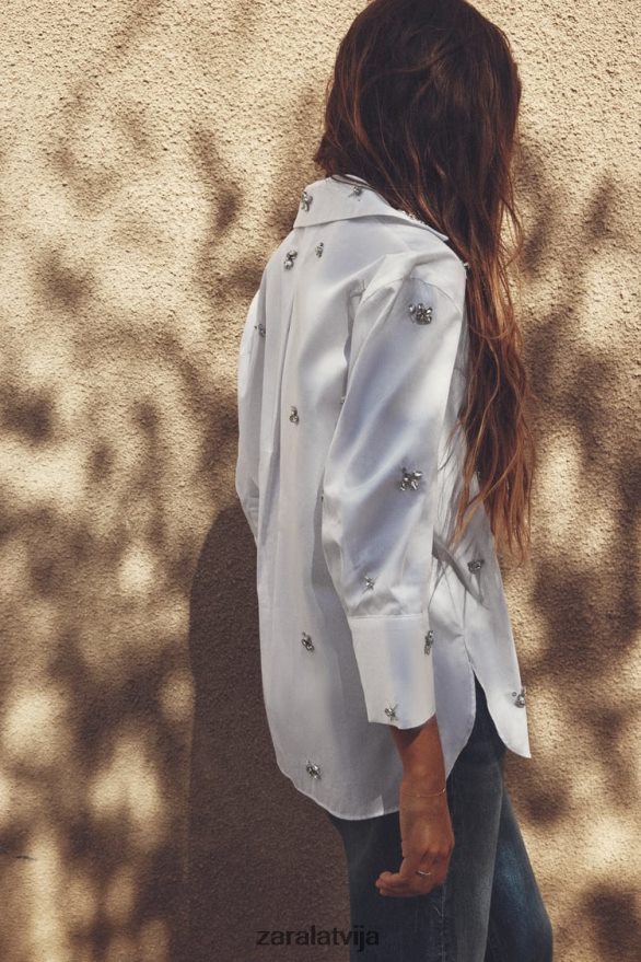 dārgakmens poplīna krekls sievietes Zara balts 6ZTV40302 apģērbs