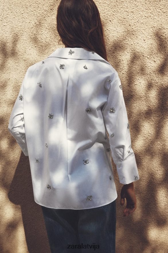 dārgakmens poplīna krekls sievietes Zara balts 6ZTV40302 apģērbs