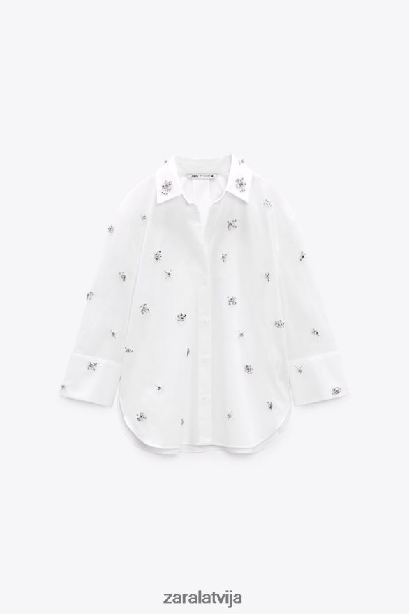 dārgakmens poplīna krekls sievietes Zara balts 6ZTV40302 apģērbs