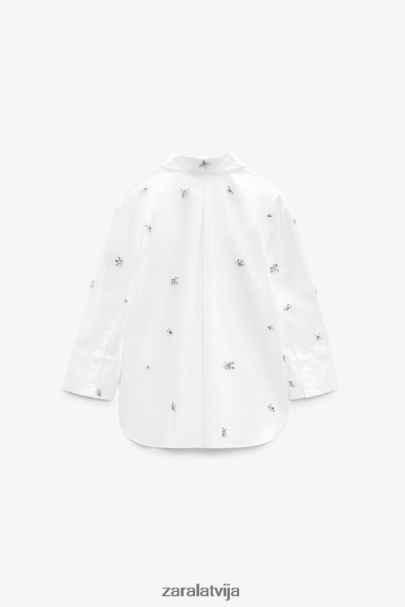 dārgakmens poplīna krekls sievietes Zara balts 6ZTV40302 apģērbs