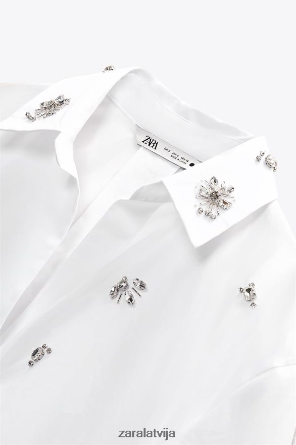dārgakmens poplīna krekls sievietes Zara balts 6ZTV40302 apģērbs