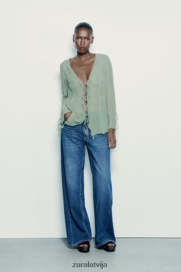 daļēji caurspīdīga blūze ar volāniem sievietes Zara jūras zaļa 6ZTV40376 apģērbs
