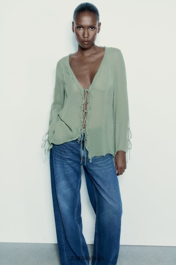 daļēji caurspīdīga blūze ar volāniem sievietes Zara jūras zaļa 6ZTV40376 apģērbs