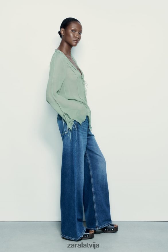 daļēji caurspīdīga blūze ar volāniem sievietes Zara jūras zaļa 6ZTV40376 apģērbs