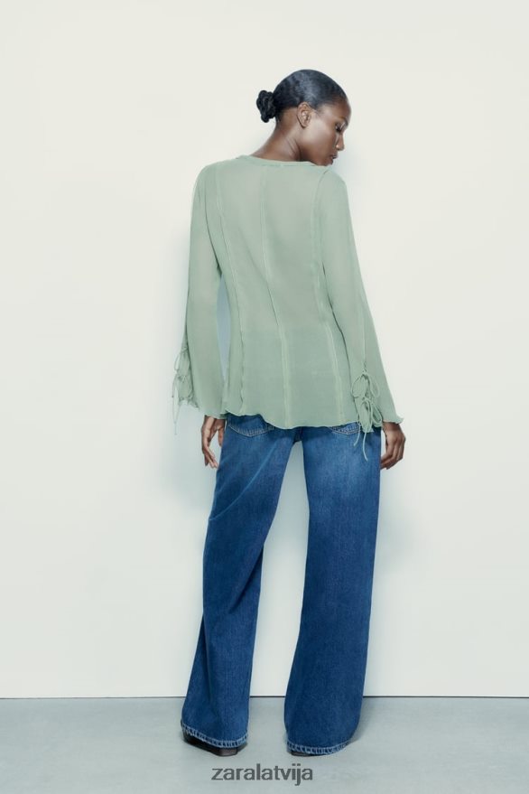 daļēji caurspīdīga blūze ar volāniem sievietes Zara jūras zaļa 6ZTV40376 apģērbs