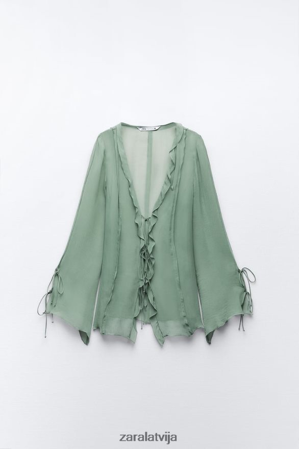 daļēji caurspīdīga blūze ar volāniem sievietes Zara jūras zaļa 6ZTV40376 apģērbs