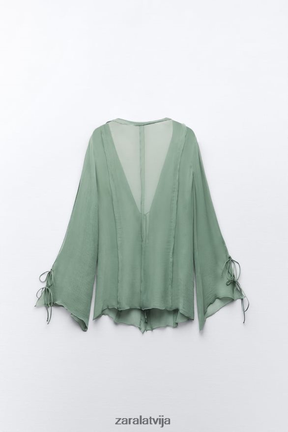 daļēji caurspīdīga blūze ar volāniem sievietes Zara jūras zaļa 6ZTV40376 apģērbs