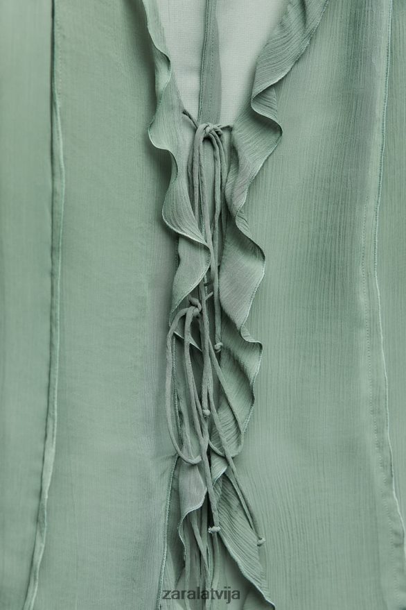 daļēji caurspīdīga blūze ar volāniem sievietes Zara jūras zaļa 6ZTV40376 apģērbs