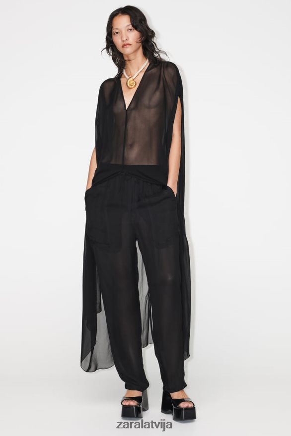 daļēji caurspīdīga āķu blūze sievietes Zara melns 6ZTV40385 apģērbs