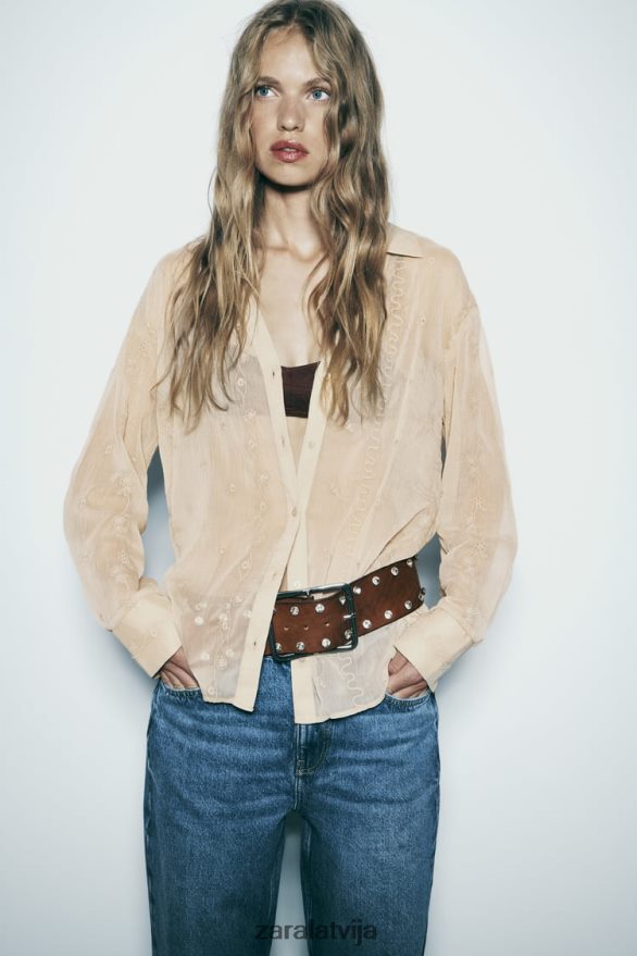 daļēji caurspīdīgs izšūts krekls sievietes Zara bēšs 6ZTV40294 apģērbs