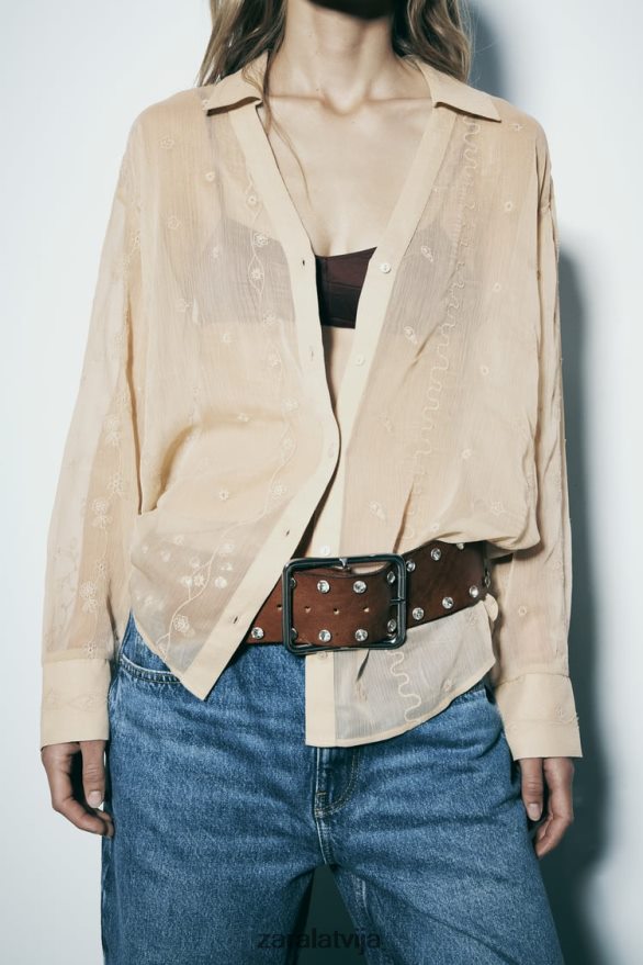 daļēji caurspīdīgs izšūts krekls sievietes Zara bēšs 6ZTV40294 apģērbs