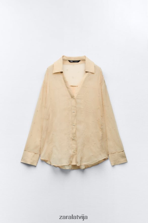 daļēji caurspīdīgs izšūts krekls sievietes Zara bēšs 6ZTV40294 apģērbs