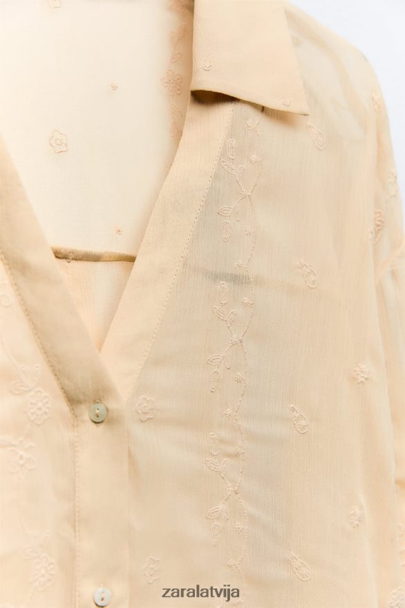 daļēji caurspīdīgs izšūts krekls sievietes Zara bēšs 6ZTV40294 apģērbs