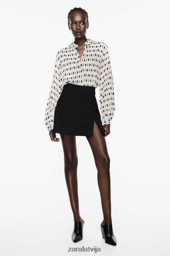 ģeometriskas apdrukas satīna krekls sievietes Zara ekrū/melns 6ZTV40331 apģērbs