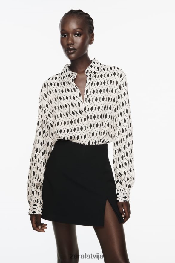 ģeometriskas apdrukas satīna krekls sievietes Zara ekrū/melns 6ZTV40331 apģērbs