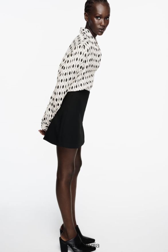 ģeometriskas apdrukas satīna krekls sievietes Zara ekrū/melns 6ZTV40331 apģērbs