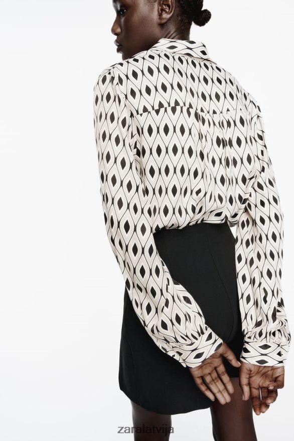 ģeometriskas apdrukas satīna krekls sievietes Zara ekrū/melns 6ZTV40331 apģērbs
