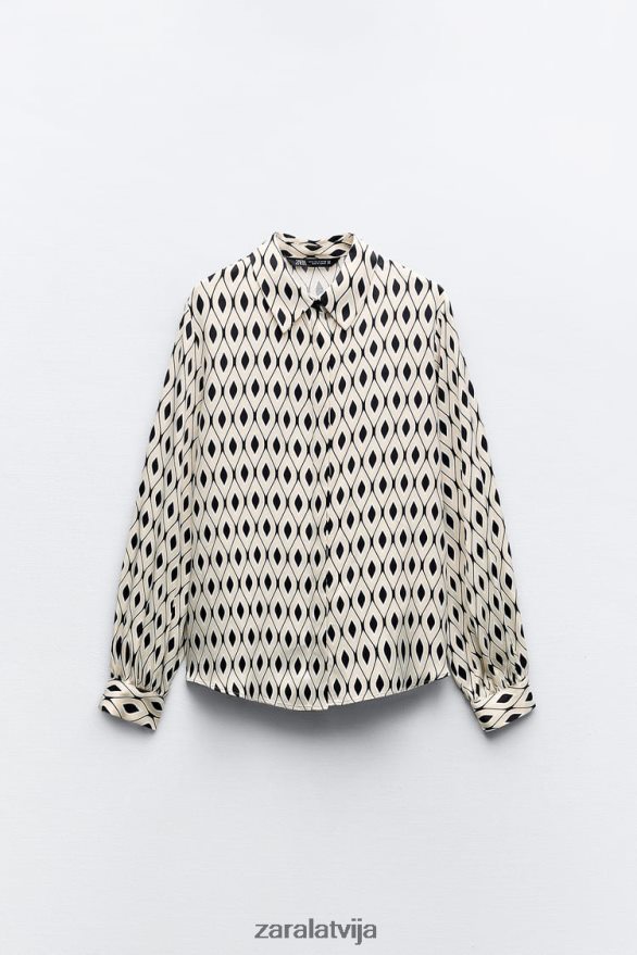ģeometriskas apdrukas satīna krekls sievietes Zara ekrū/melns 6ZTV40331 apģērbs
