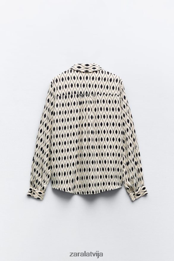 ģeometriskas apdrukas satīna krekls sievietes Zara ekrū/melns 6ZTV40331 apģērbs