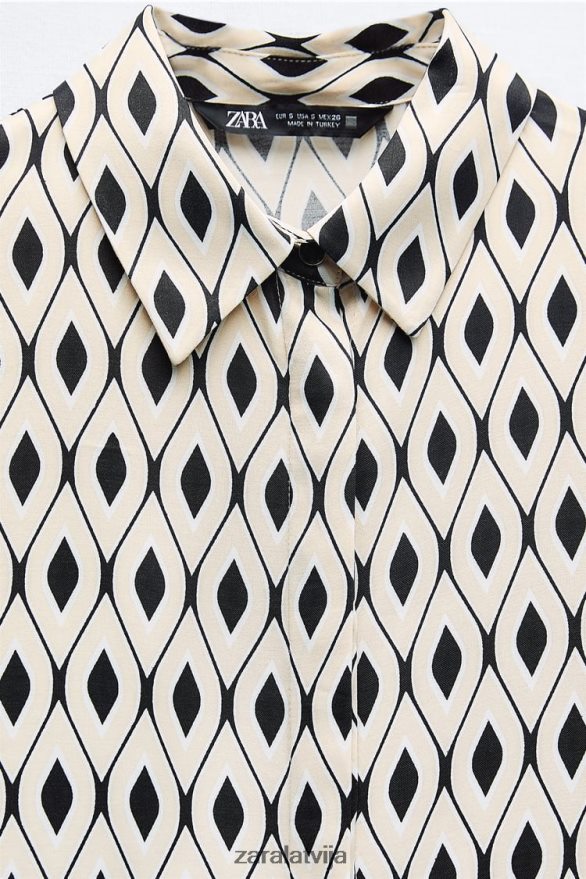 ģeometriskas apdrukas satīna krekls sievietes Zara ekrū/melns 6ZTV40331 apģērbs