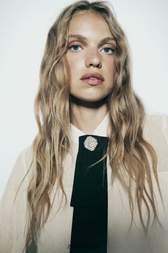 grumbu izskata kaklasaites krekls sievietes Zara ekru 6ZTV40293 apģērbs