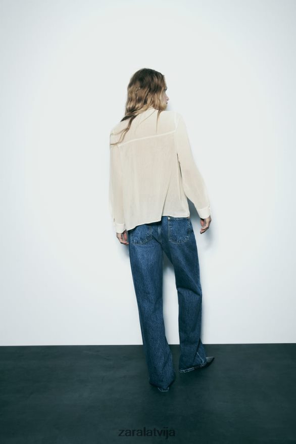 grumbu izskata kaklasaites krekls sievietes Zara ekru 6ZTV40293 apģērbs