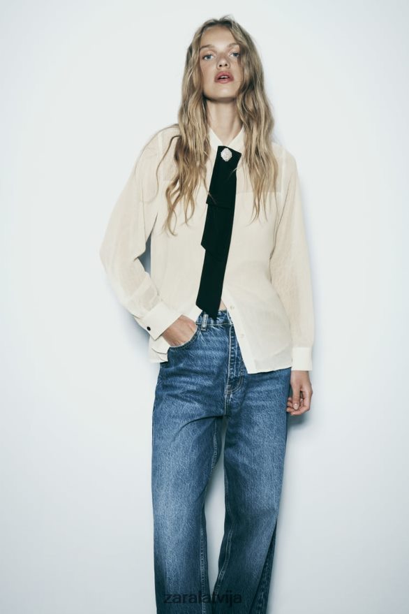 grumbu izskata kaklasaites krekls sievietes Zara ekru 6ZTV40293 apģērbs