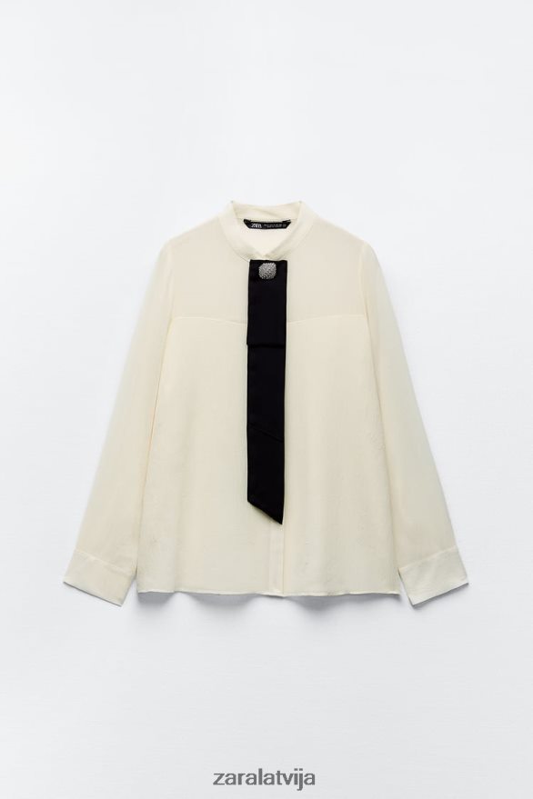 grumbu izskata kaklasaites krekls sievietes Zara ekru 6ZTV40293 apģērbs