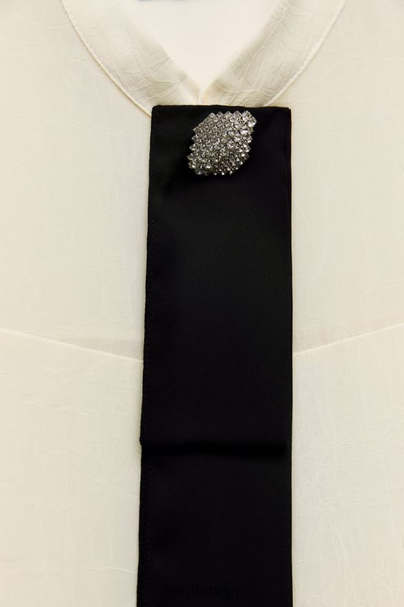 grumbu izskata kaklasaites krekls sievietes Zara ekru 6ZTV40293 apģērbs