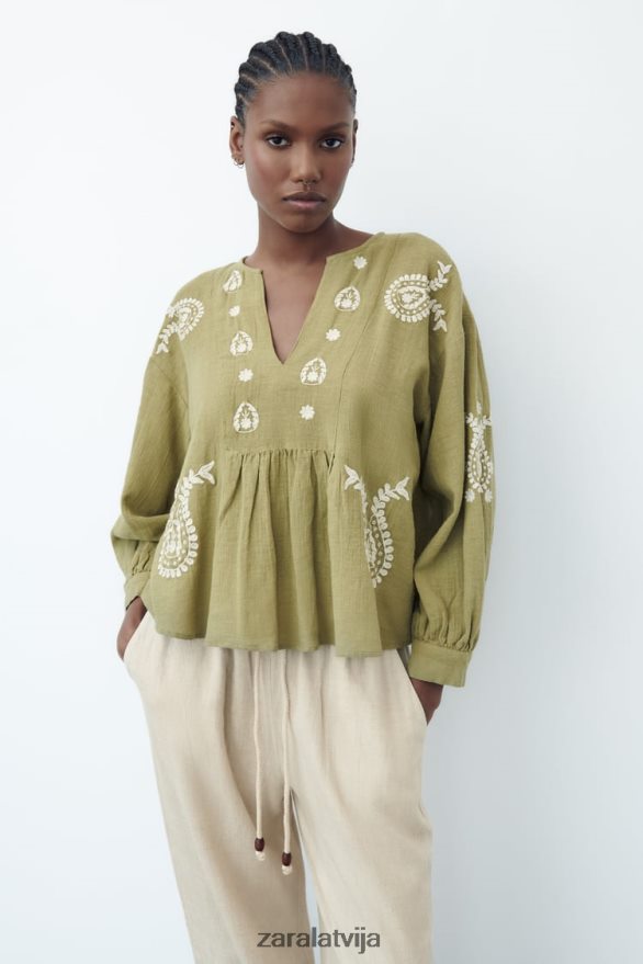 izšūta liela izmēra blūze sievietes Zara gaišs haki 6ZTV40445 apģērbs